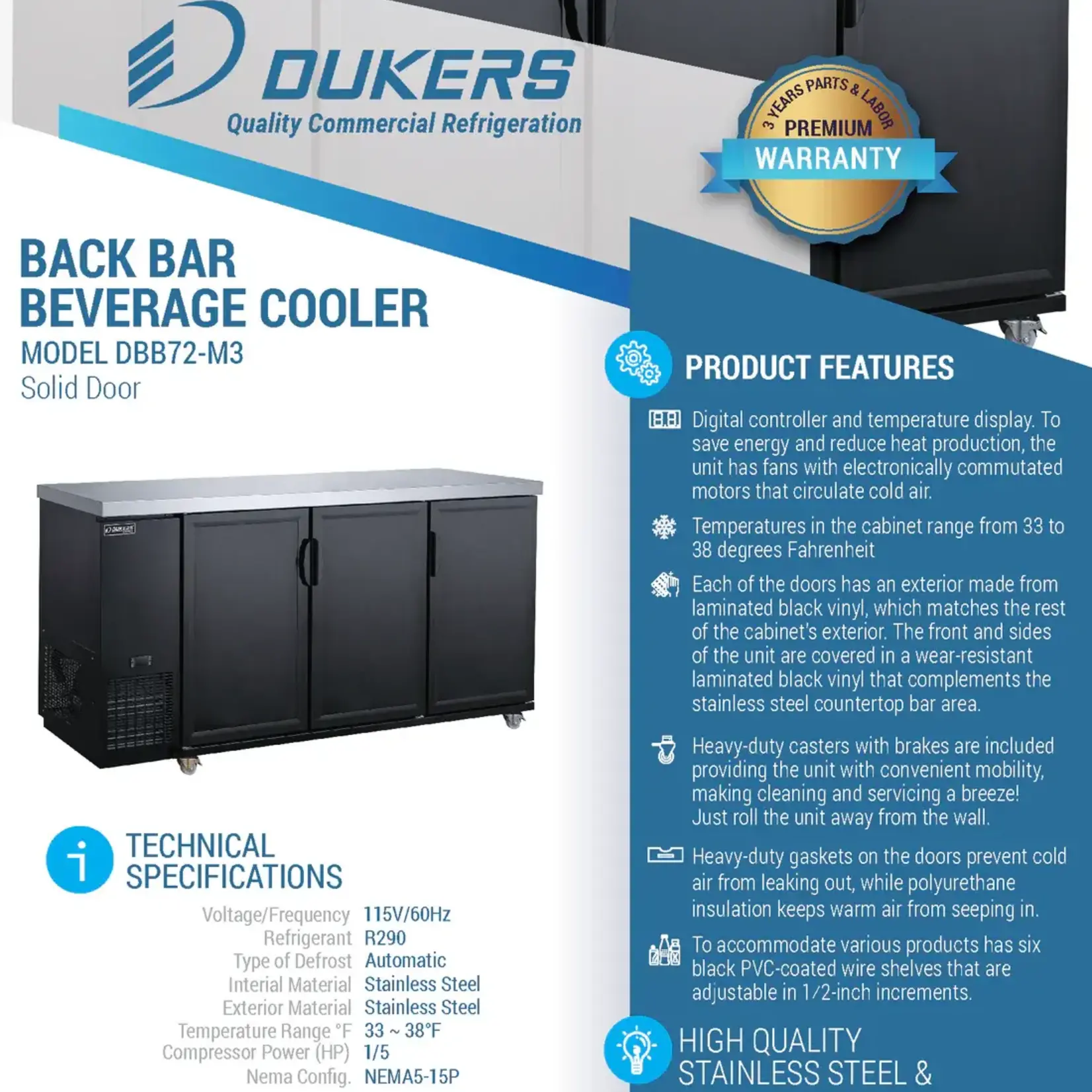 DUKERS DUKERS - 3-Door Bar and Beverage Cooler (Solid Doors)