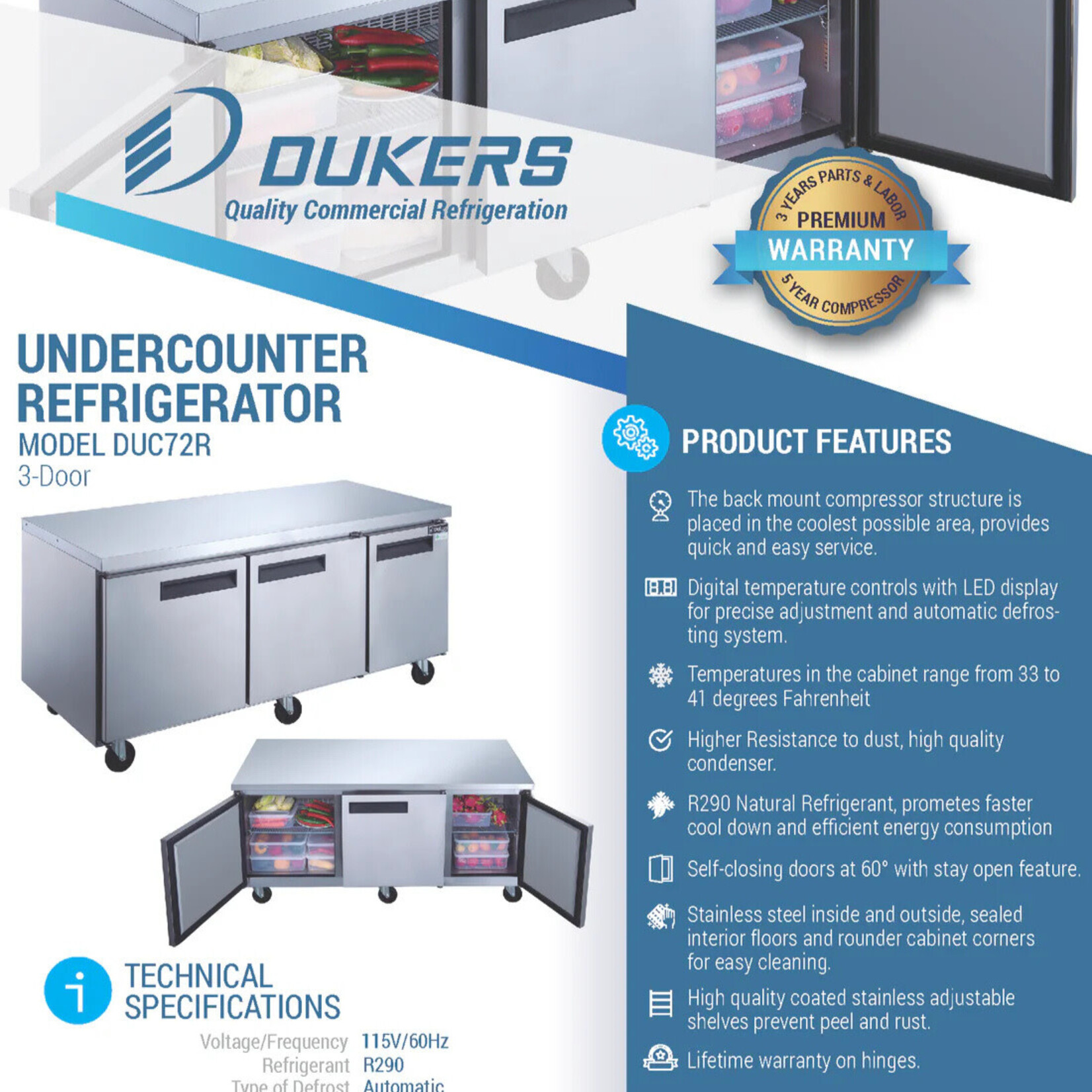 DUKERS DUKERS - 3-Door Undercounter Commercial Refrigerator in Stainless Steel