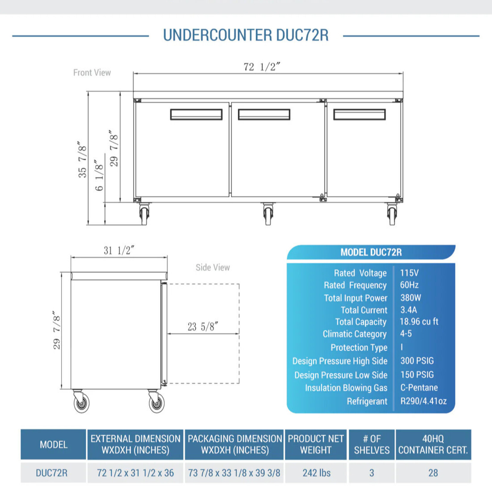 DUKERS DUKERS - 3-Door Undercounter Commercial Refrigerator in Stainless Steel