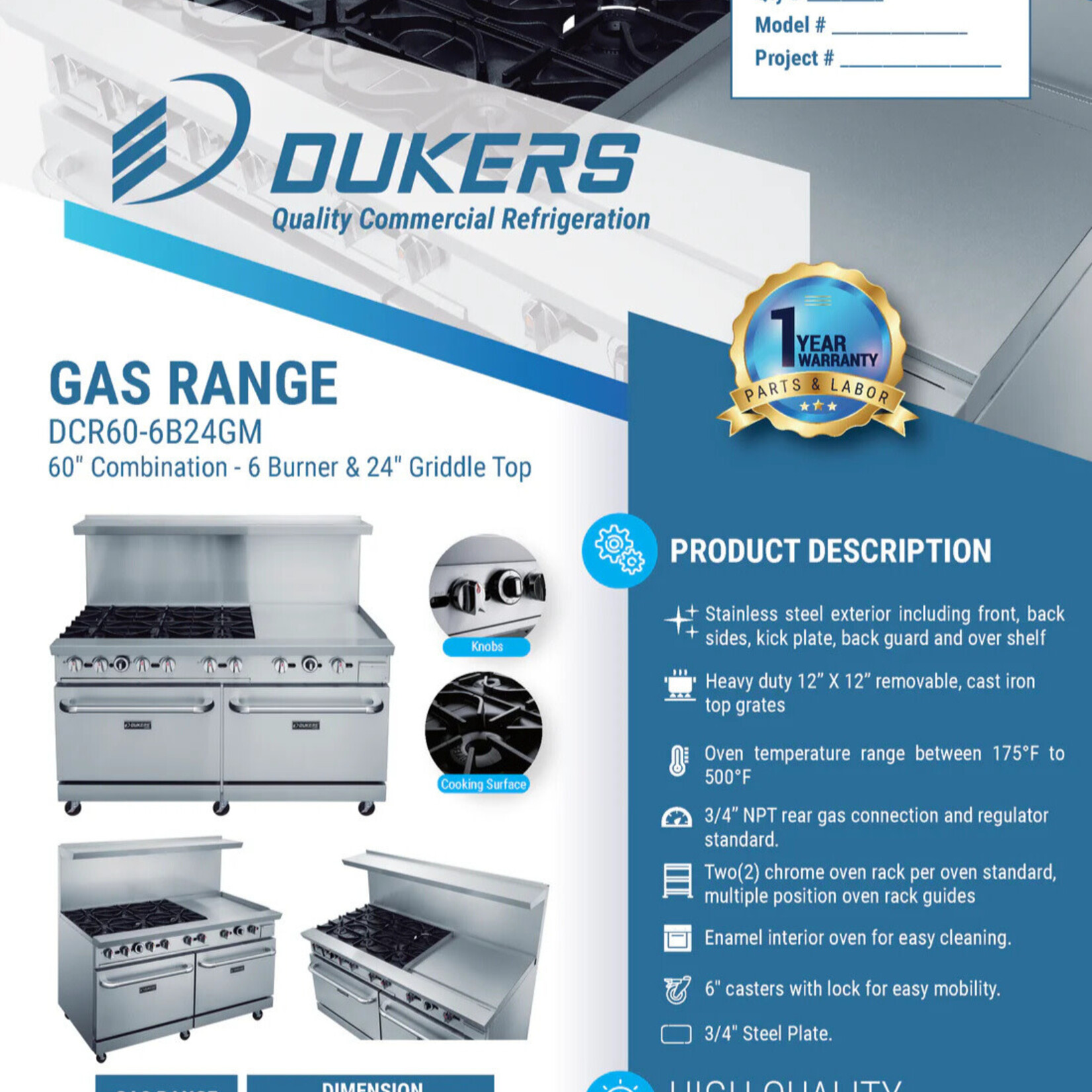 DUKERS DUKERS - 60" Gas Range with Six (6) Open Burners & 24" Griddle