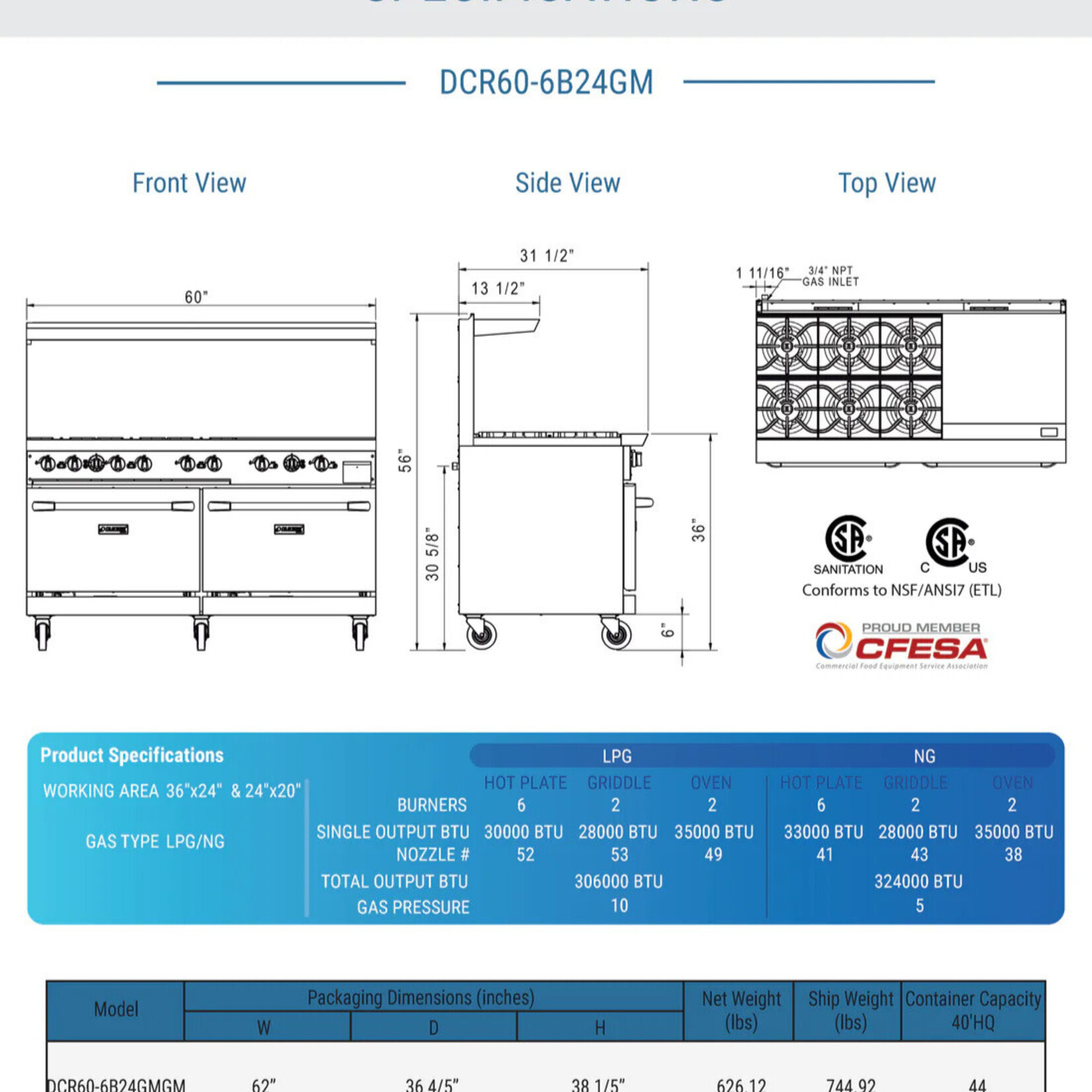DUKERS DUKERS - 60" Gas Range with Six (6) Open Burners & 24" Griddle