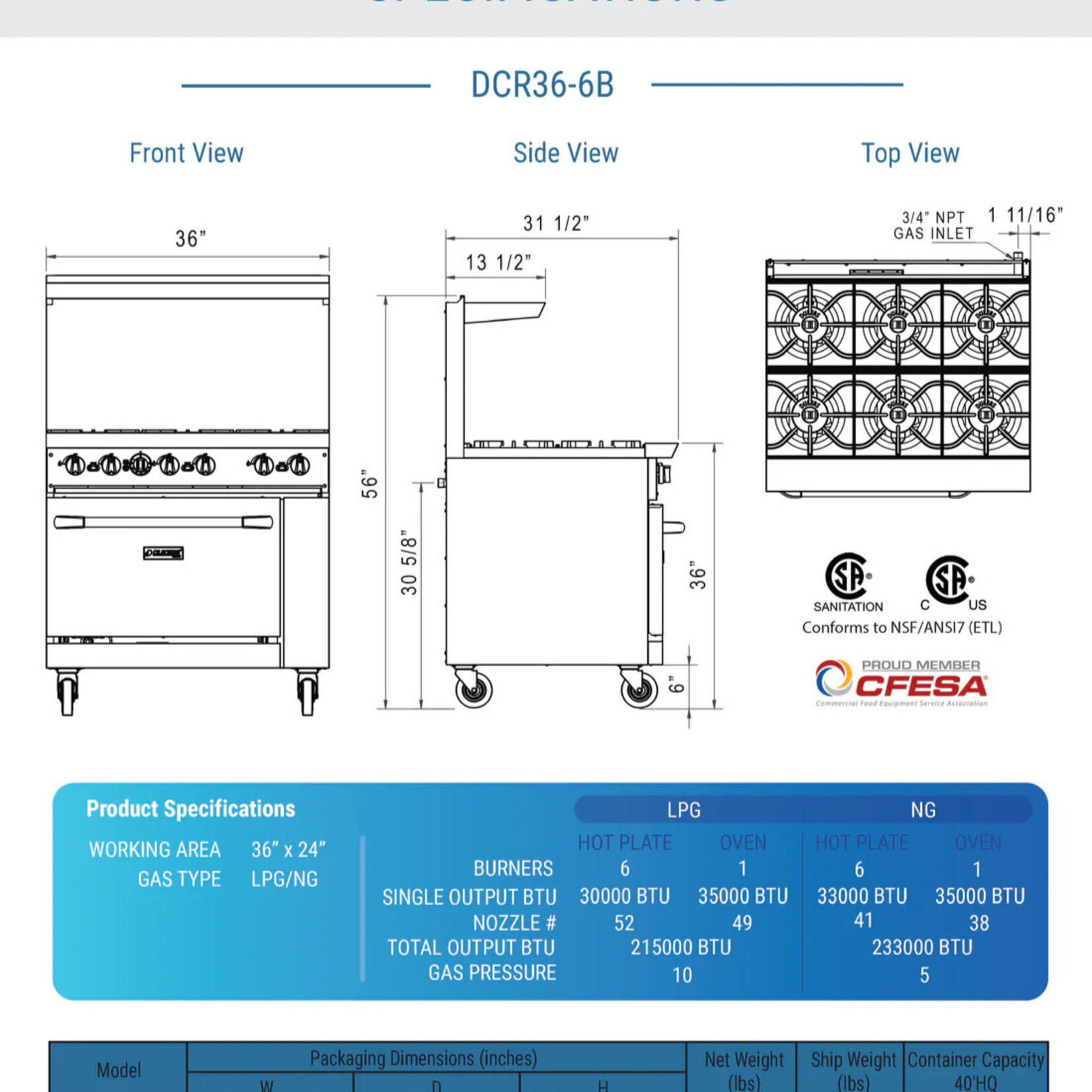 DUKERS DUKERS - 36" Gas Range with Six (6) Open Burners