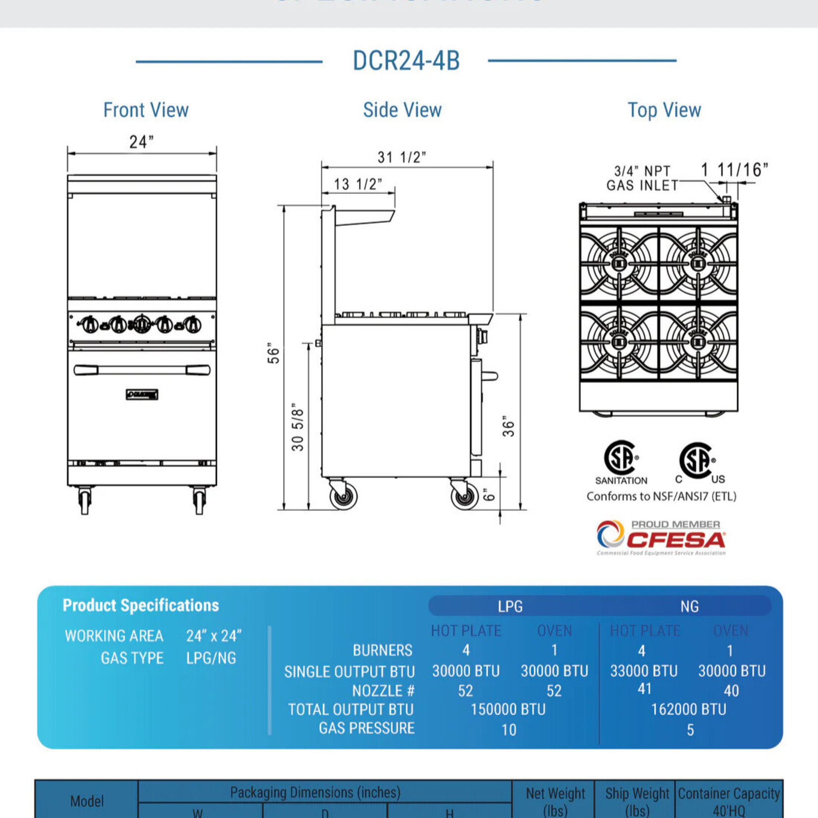 DUKERS DUKERS - 24" Gas Range with Four (4) Open Burners