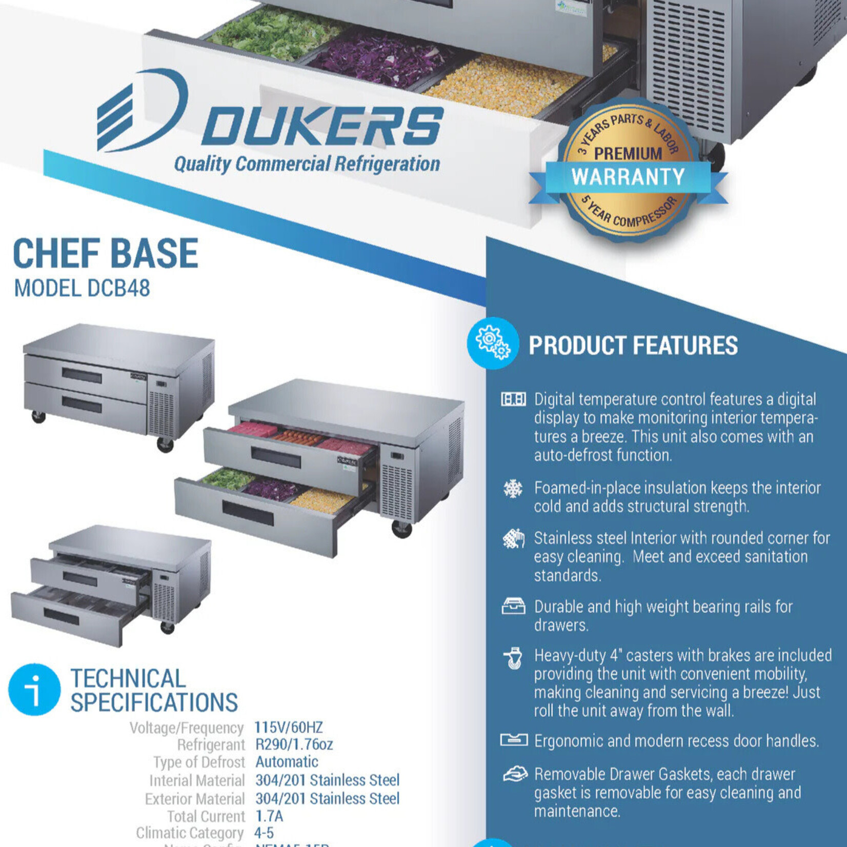 DUKERS DUKERS -48" Chef Base Refrigerator with 2 Drawers