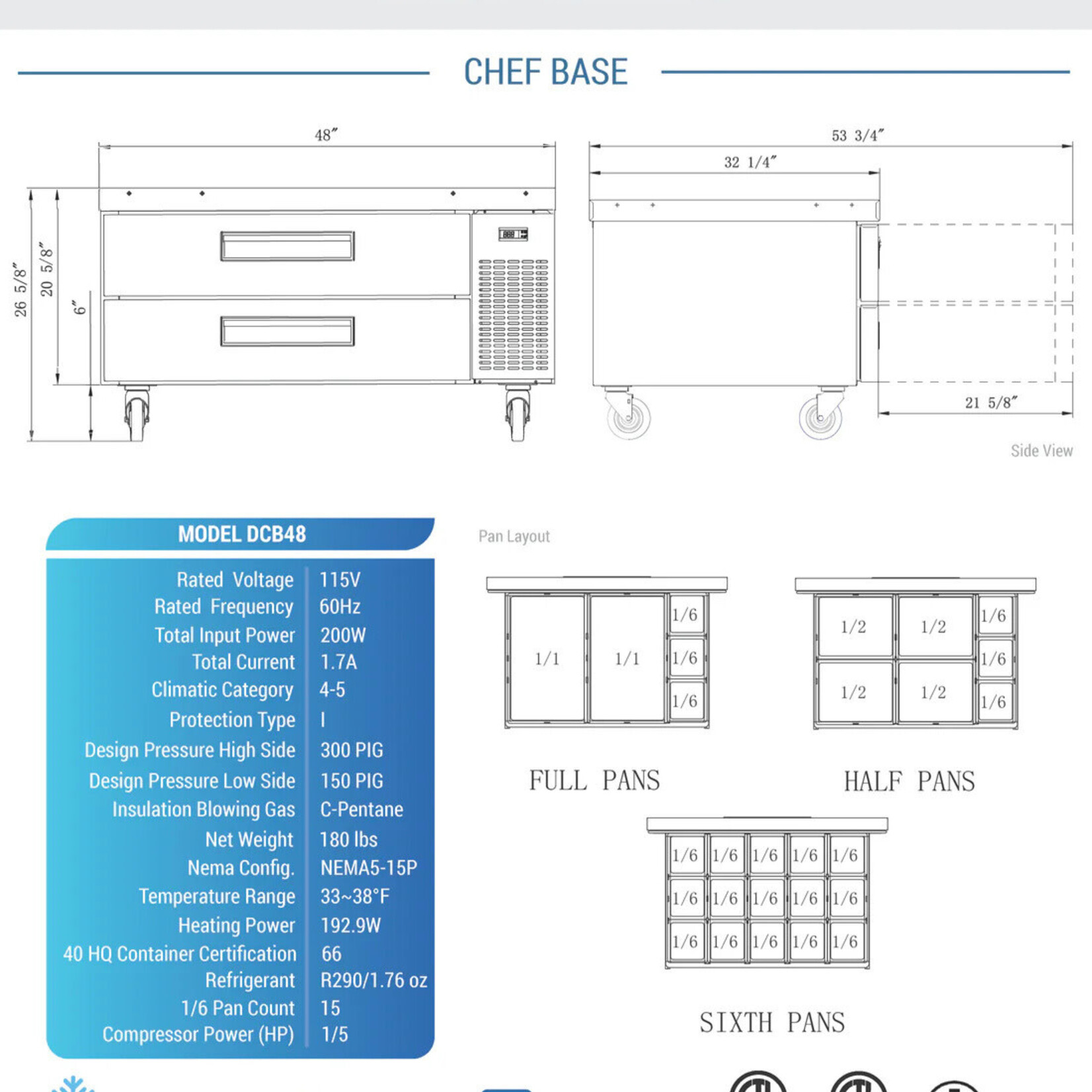 DUKERS DUKERS -48" Chef Base Refrigerator with 2 Drawers