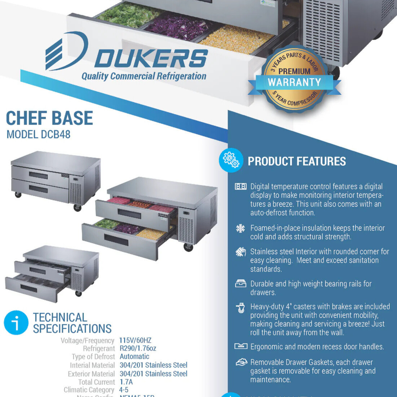 DUKERS DUKERS - 60" Chef Base Refrigerator with 2 Drawers