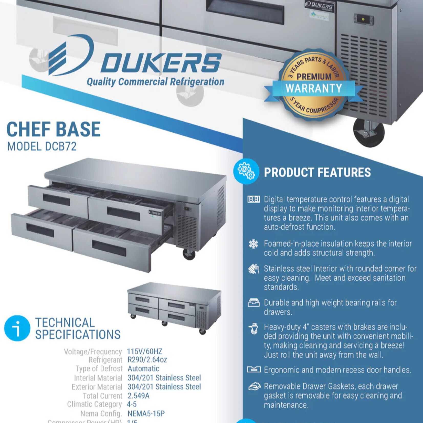 DUKERS DUKERS - 72" Chef Base Refrigerator with 4 Drawers