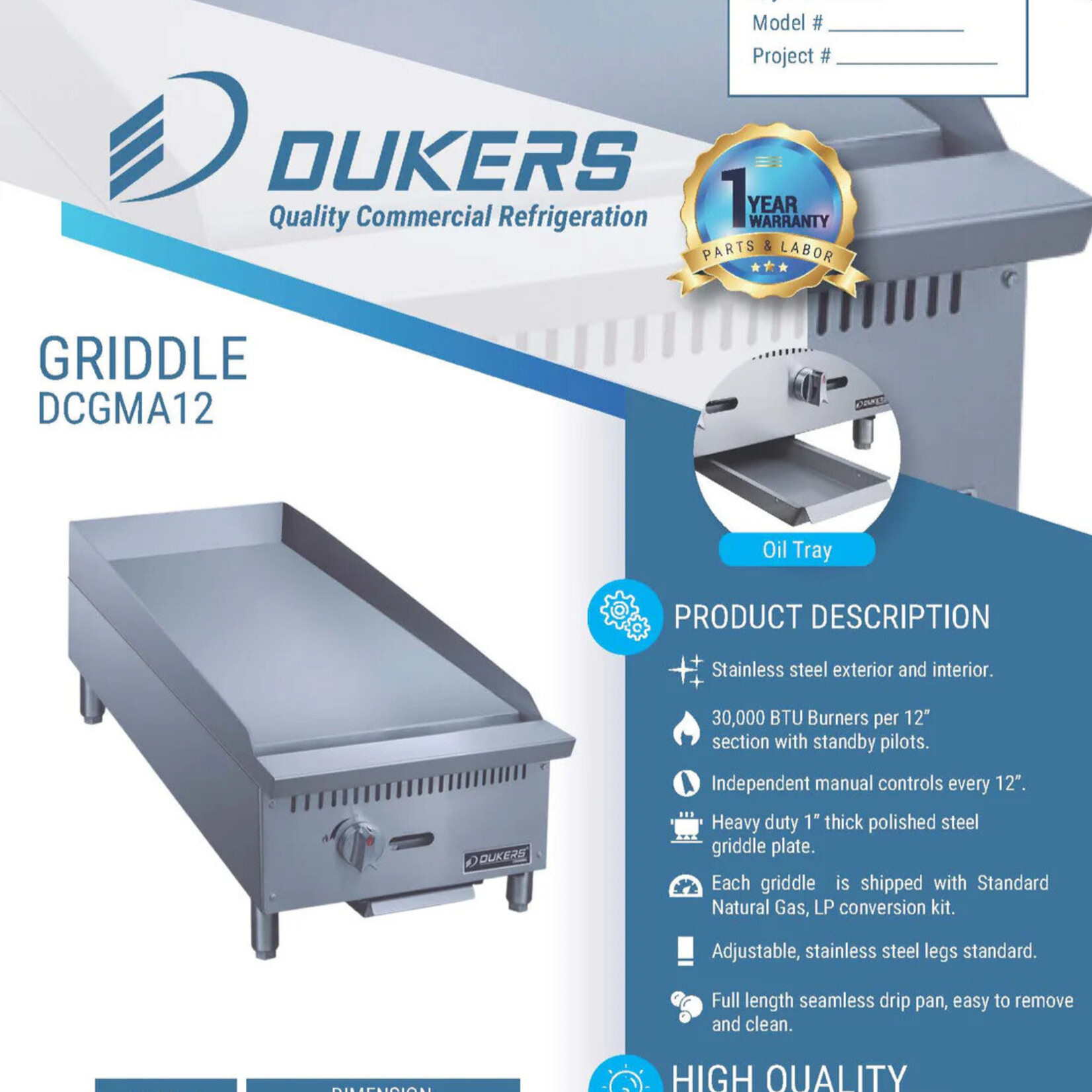 DUKERS DUKERS - 12 in. W Griddle with 1 Burners 1” thick