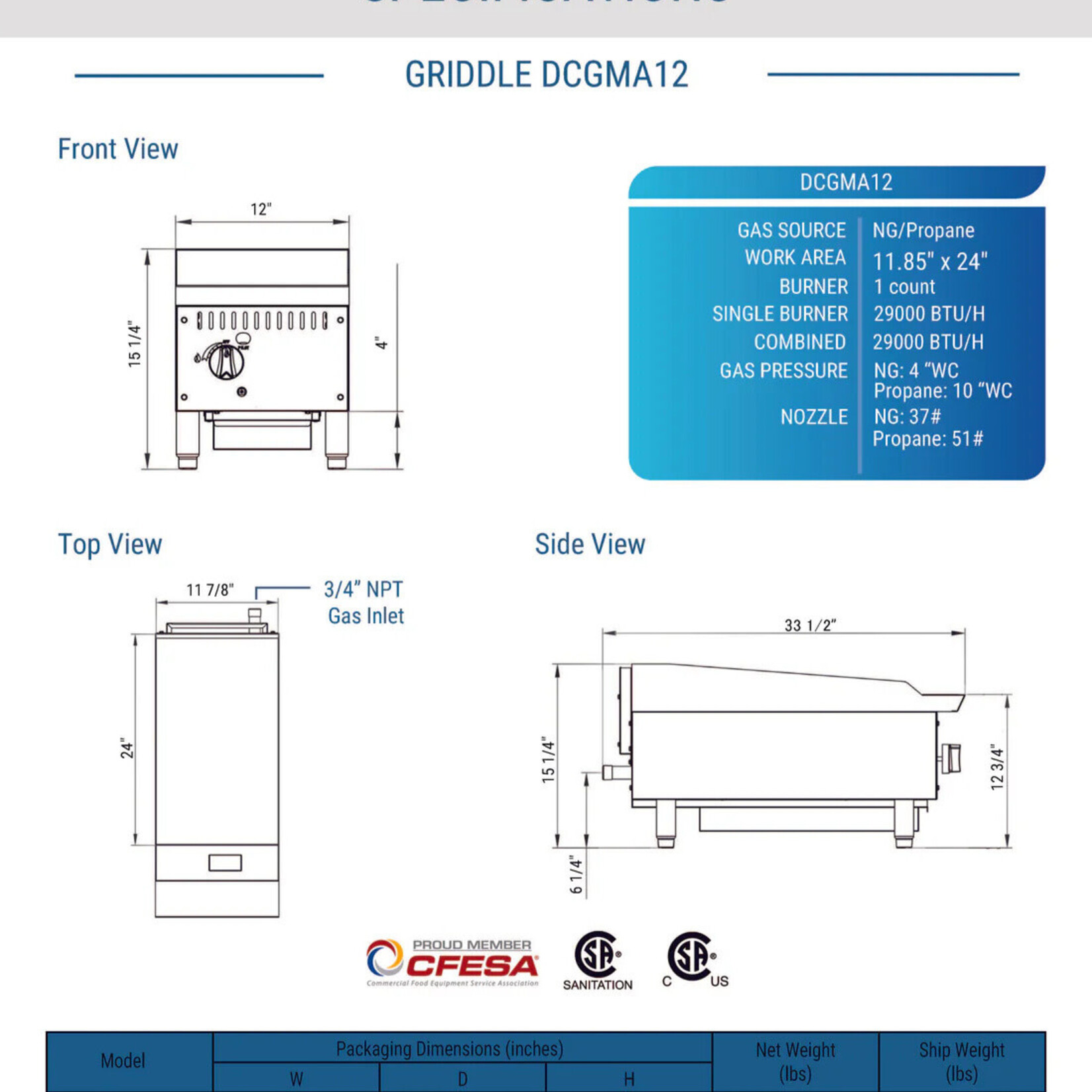 DUKERS DUKERS - 12 in. W Griddle with 1 Burners 1” thick