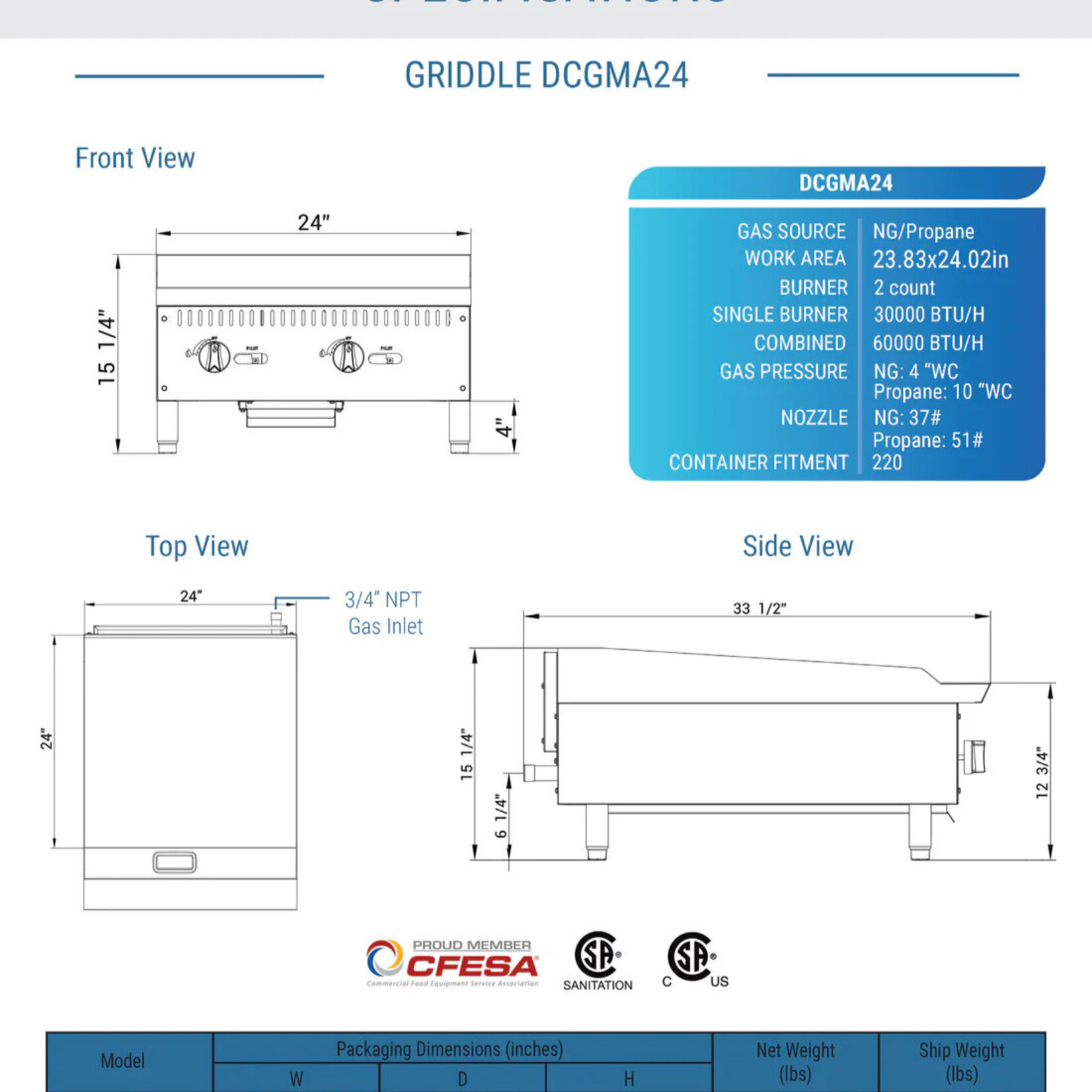 DUKERS DUKERS - 24 in. W Griddle with 2 Burners 1” thick