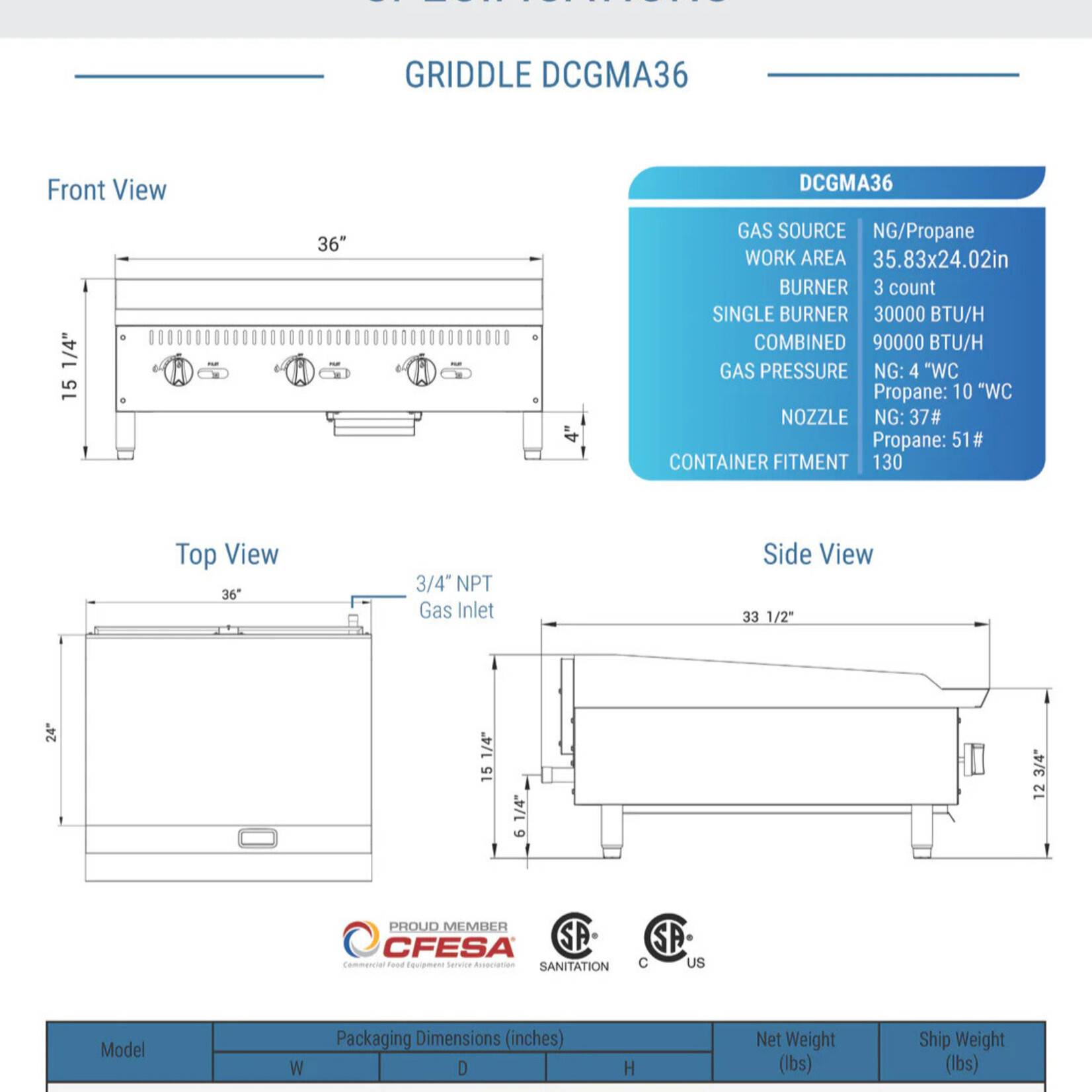 DUKERS DUKERS - 36 in. W Griddle with 3 Burners 1” thick