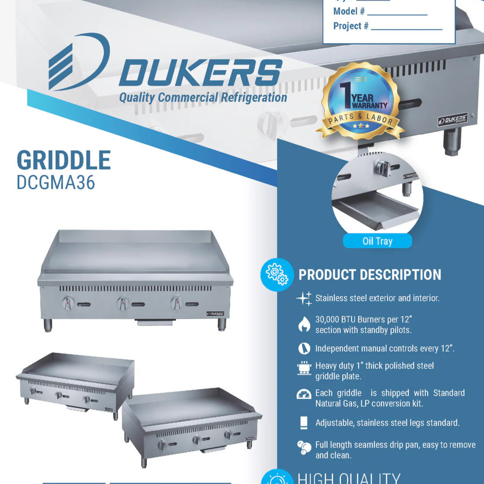 DUKERS DUKERS - 36 in. W Griddle with 3 Burners 1” thick