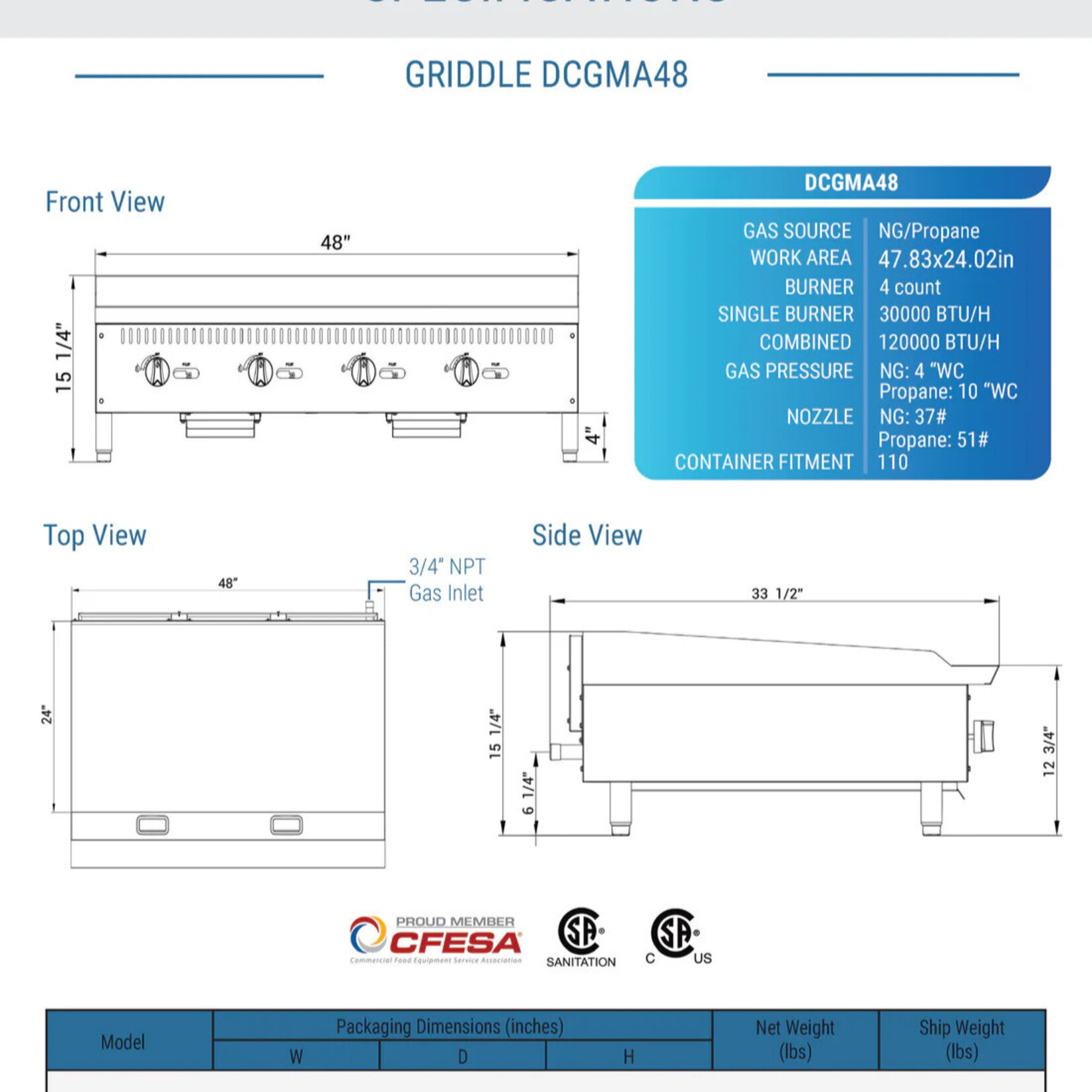 DUKERS DUKERS - 48 in. W Griddle with 4 Burners 1” thick
