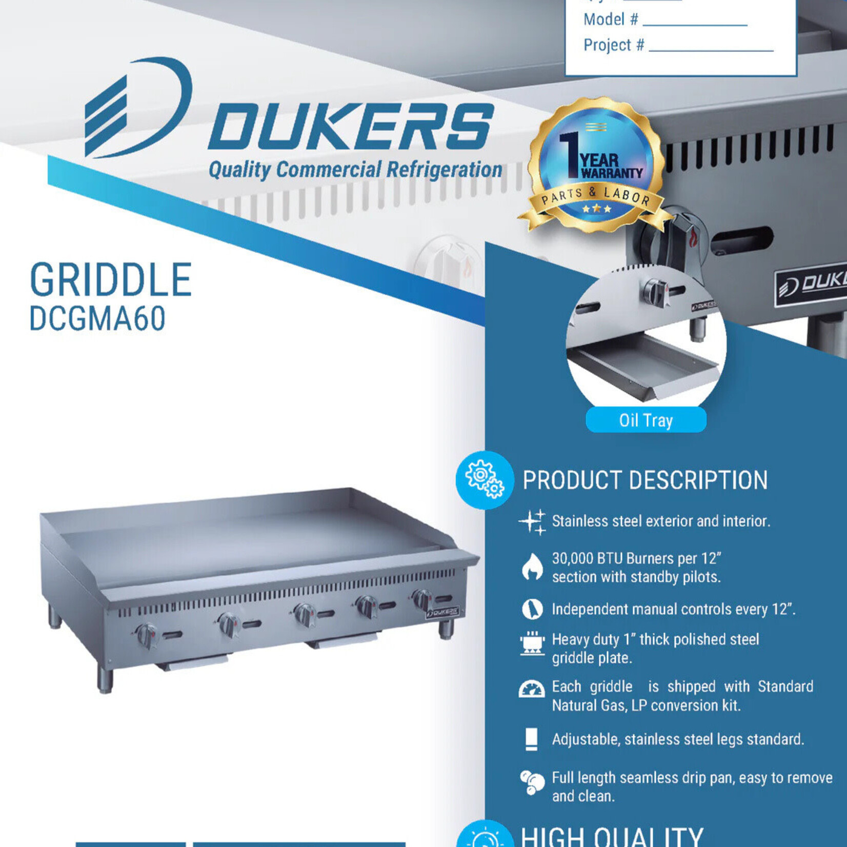 DUKERS DUKERS - 60 in. W Griddle with 5 Burners 1” thick