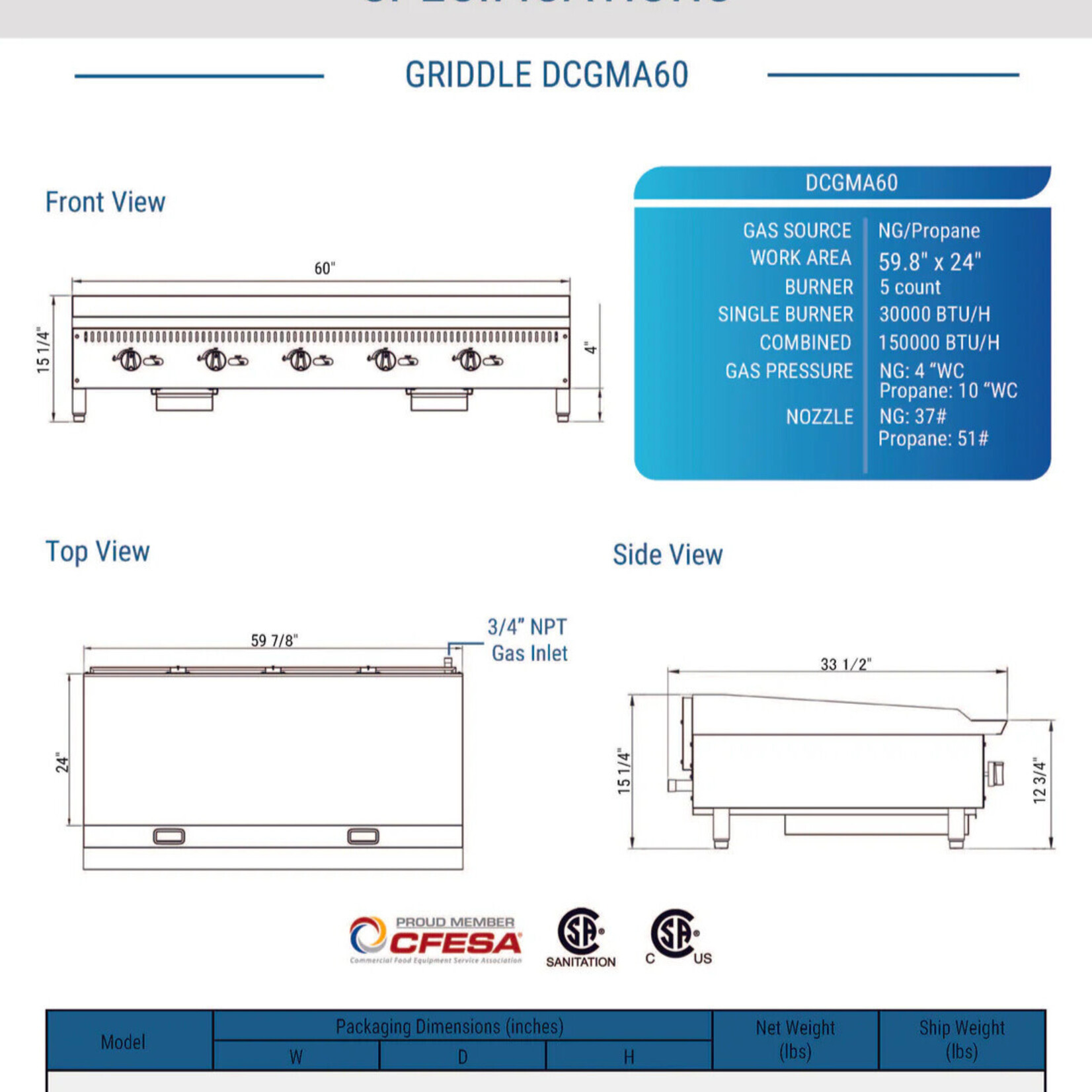 DUKERS DUKERS - 60 in. W Griddle with 5 Burners 1” thick