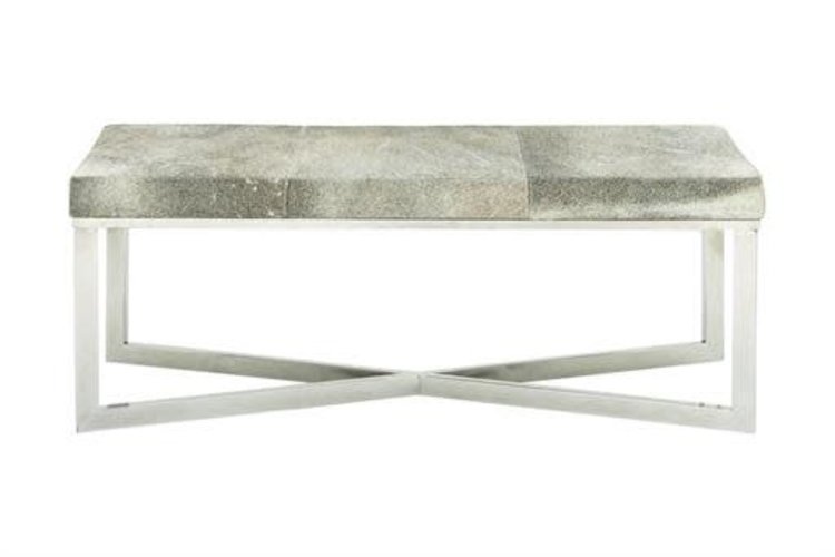 Wooden Gray Hide Leather Bench
