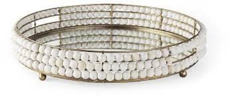 Decatur White Wooden Bead Round Mirrored Tray