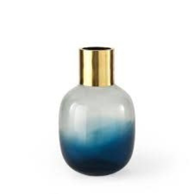 Parksville I Short Blue Glass Antiqued Brass Vase