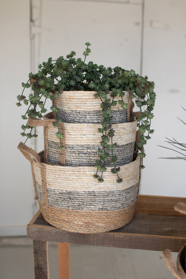 Grey Stripe Round Rush Basket