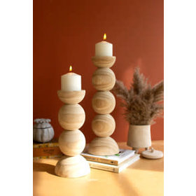 Hand Carved Wooden Stacked Ball Candle Holder-