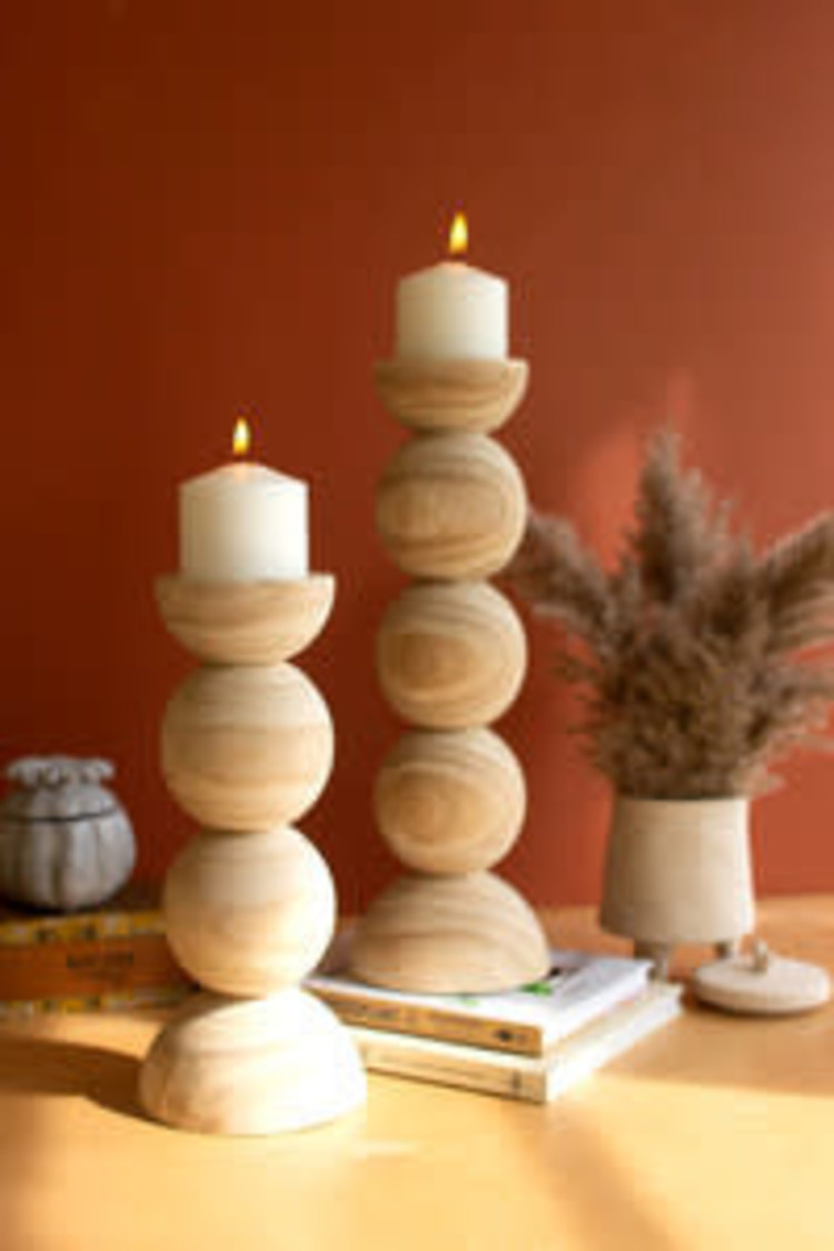 Hand Carved Wooden Stacked Ball Candle Holder-