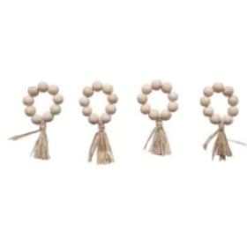 Round Wood Bead Napkin Rings with Raffia Tassel, Set of 4