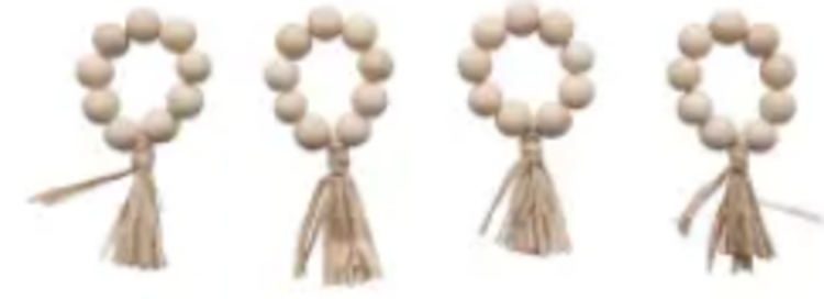 Round Wood Bead Napkin Rings with Raffia Tassel, Set of 4