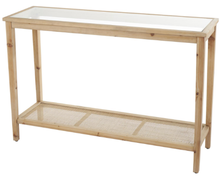 Slim Brown Wood Console with Glass Top