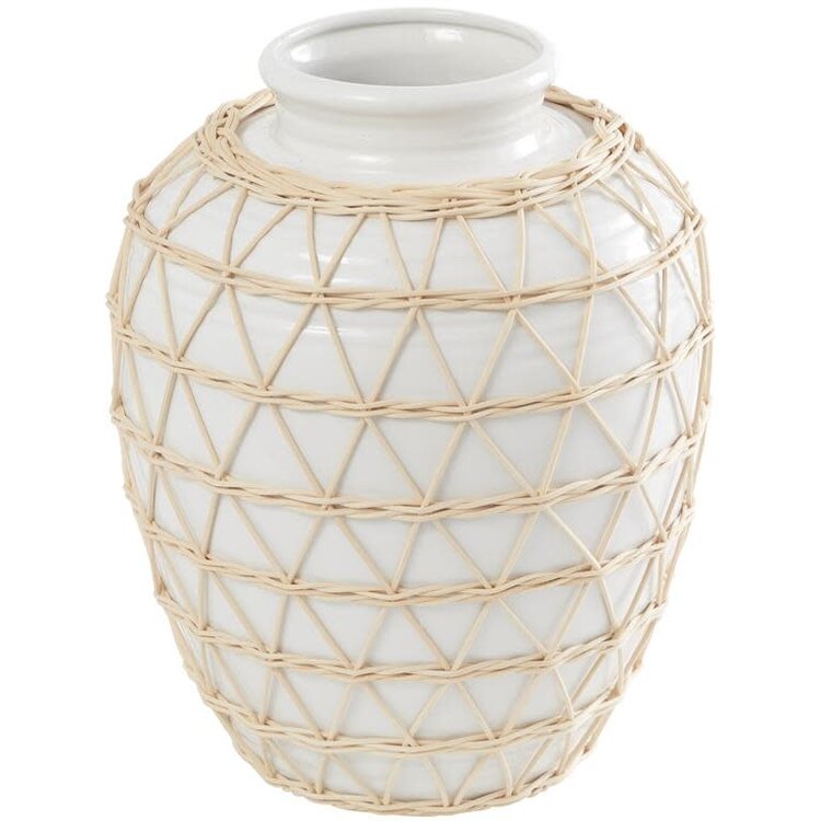 White Ceramic Vase w/ Rattan