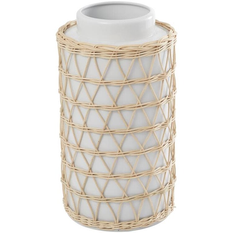 Tall White Ceramic Vase w/ Rattan