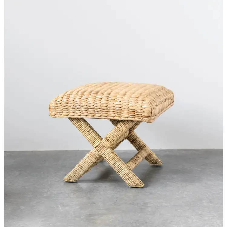 Woven Water Hyacinth & Wood Stool