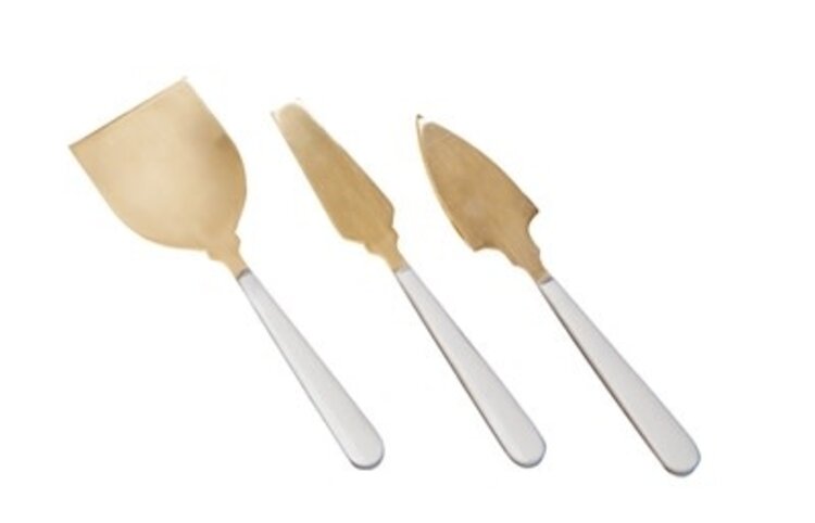 Gold & White 3pc Cheese Knife Set Gold w/ White Resin Handles in Giftbox