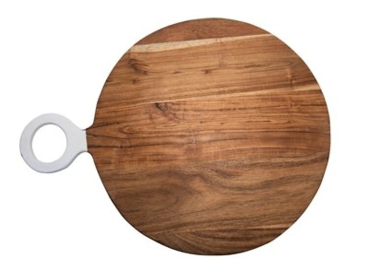 22" L Acacia Wood Round. Cutting Board w/ White Handle