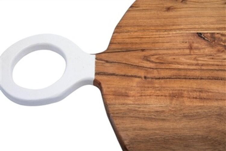 22" L Acacia Wood Round. Cutting Board w/ White Handle