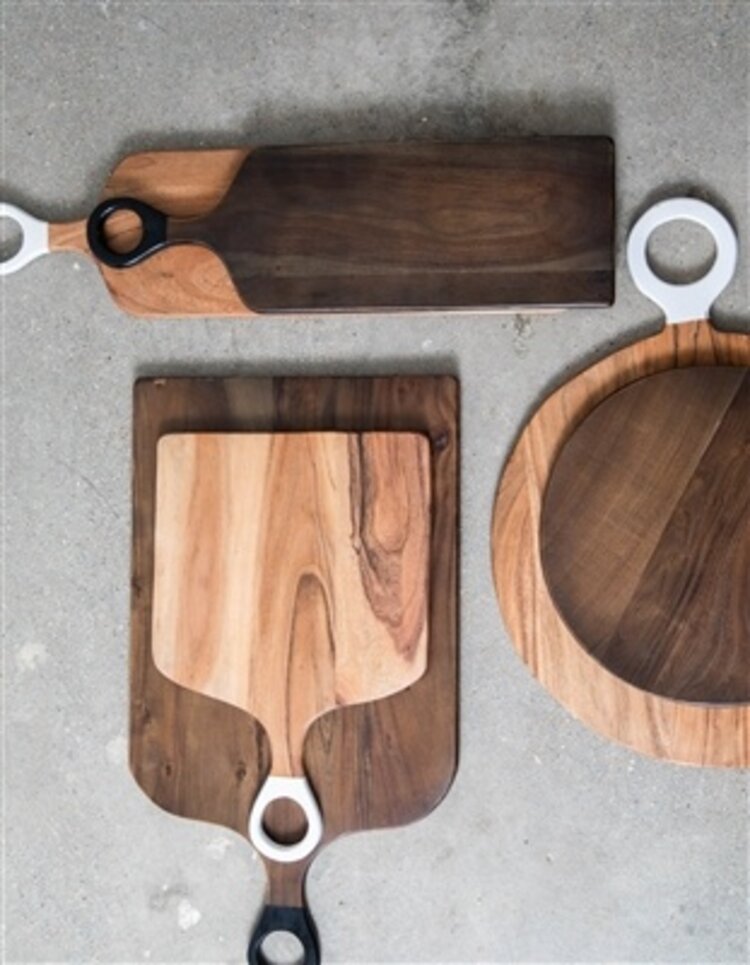 22" L Acacia Wood Round. Cutting Board w/ White Handle