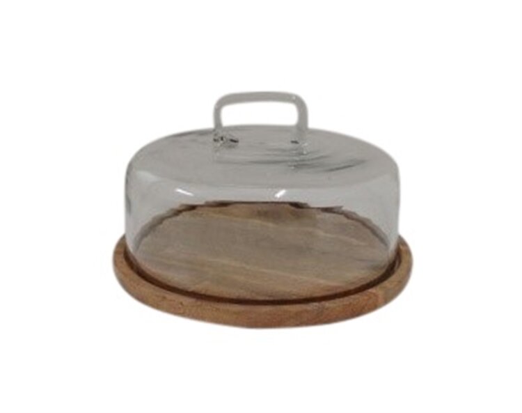 Glass Cake Cover w/ Natural Wood Base