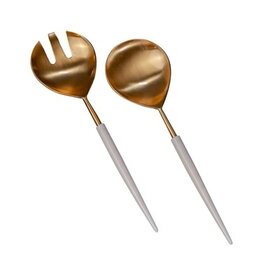 Set of 2 Gold Salad Servers w/ White Resin Handles in Giftbox - Gold & White