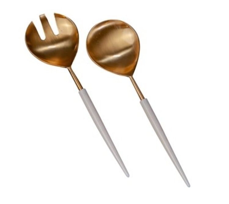 Set of 2 Gold Salad Servers w/ White Resin Handles in Giftbox - Gold & White