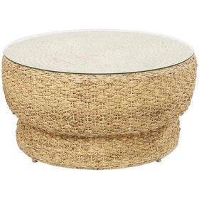 Brown Rattan Woven Tapered Coffee Table, Glass Top