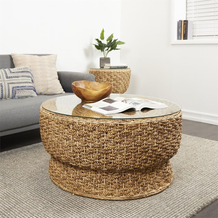 Brown Rattan Woven Tapered Coffee Table, Glass Top