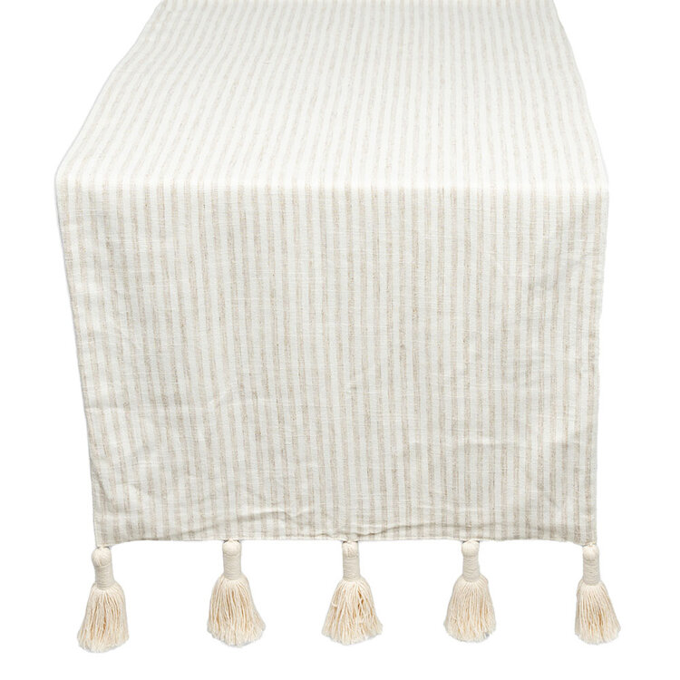 Jes & Gray Shar Tassel Table Runner, White Natural Stripes 94"