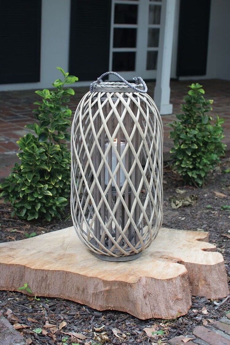 Grey Willow Lantern with Glass- Medium