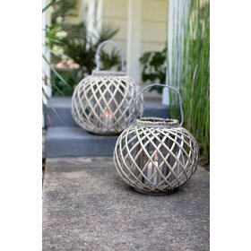 Low Round Grey Willow Lantern with Glass- Large