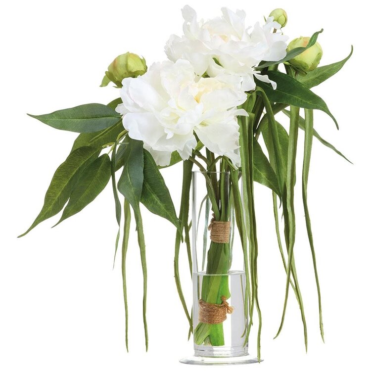 Peony / Grass Bouquet in Glass Vase