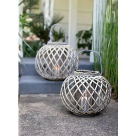 Low Round Grey Willow Lantern with Glass- Small