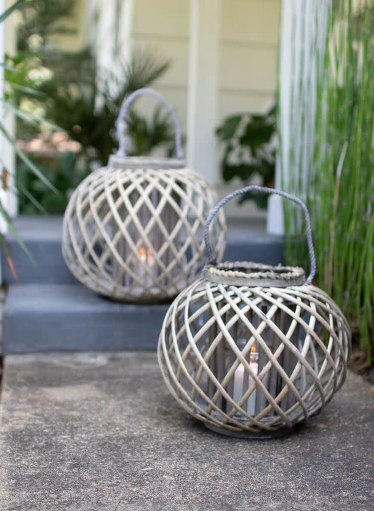 Low Round Grey Willow Lantern with Glass- Small