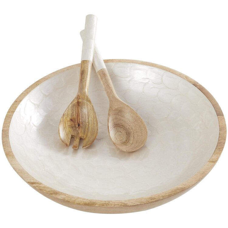 Cream Mango Handmade Decorative Bowl w/ Salad Servers