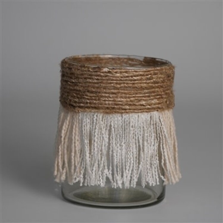 5" Votive Wrapped in Cream & Natural Fringe