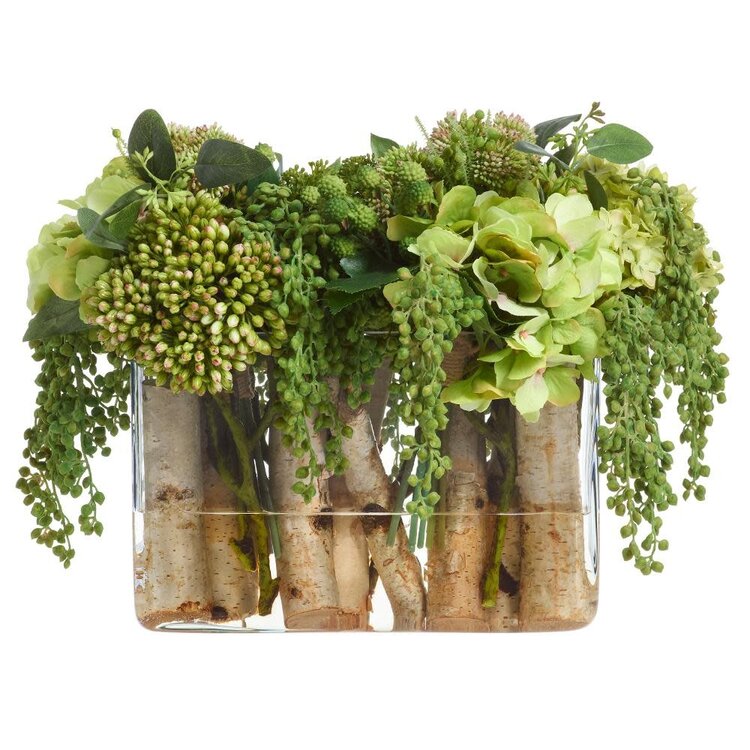 13" Hydrangea/Sedum Arrangement in Glass Vase Green