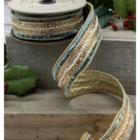 Velvet Bead Pearl Trim Metallic Gold Back, Celadon